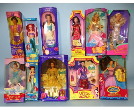 Disney Dolls: two Ariel dolls: Mattel 1997 and Tyco 1991, two Belles, two Mulans, Megara, Sleeping Beauty, Anastasia and Alad