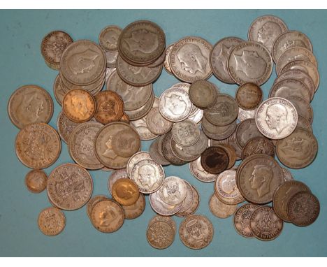 A collection of British 1920-1946 silver coinage, comprising: half-crowns (x23), florins (x11), shillings (x35), sixpences (x