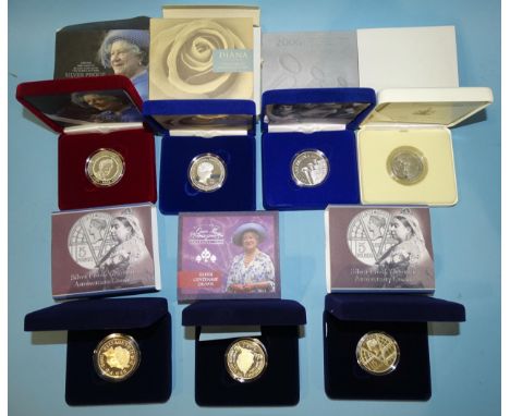 The Royal Mint, a collection of seven cased silver proof commemorative crowns/£5 coins, comprising: 1997 Diana Memorial, 2010
