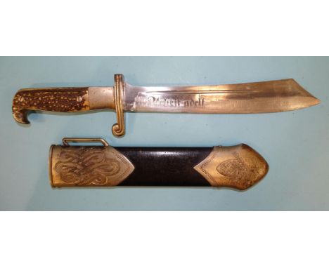 Carl Eickhorn, a WWII German Rad Hewer enlisted man's dagger, stag horn grips with stylised eagle's head pommel, single-edged