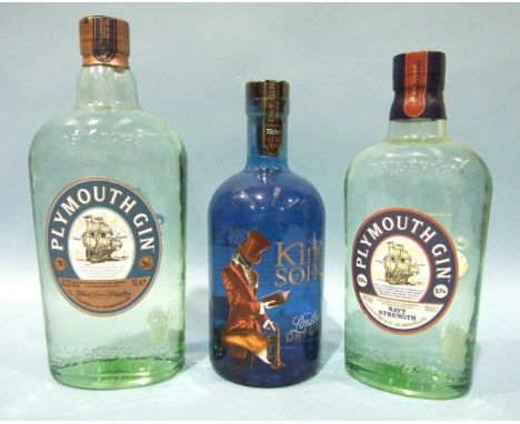 Plymouth Gin, 41.2% vol, 1L, one bottle, Navy strength 57%, 70cl, one bottle, The King of Soho London Dry Gin, 42%, 70cl, one