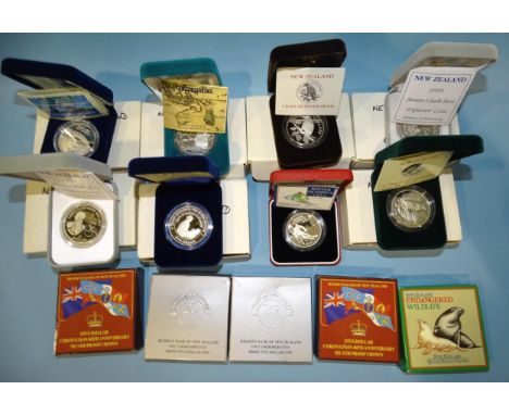 Reserve Bank of New Zealand, a collection of thirteen cased silver proof five-dollar coins: 1992 'Decimal Currency' (x2, case
