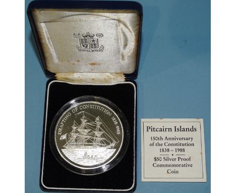 A cased 1988 Pitcairn Islands silver proof $50 commemorative coin, with certificate of authenticity, ___5oz.