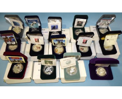 Reserve Bank of New Zealand, a collection of fourteen cased silver proof five-dollar coins: 1997 'Saddleback', 'Christchurch'