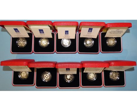 The Royal Mint, a collection of ten cased silver proof Piedfort £1 coins, comprising: 1993-1996 and 1998-2003, (10).