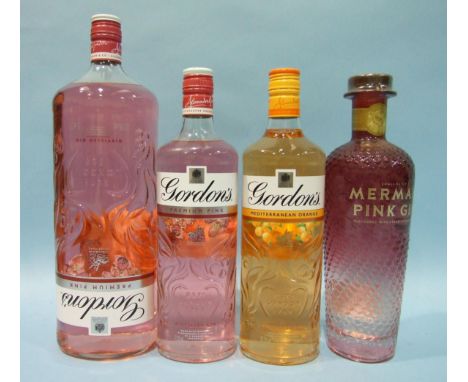 Gin, Gordons Premium Pink, 37.5%, 1.5L, one bottle and 70cl, one bottle, Mediterranean Orange, 70cl, one bottle and Mermaid P