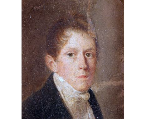 19TH CENTURY ENGLISH SCHOOL PORTRAIT MINIATURE OF A  MAN Indistinctly incribed versoOil on panel 10cm x 9cmVarious damages to