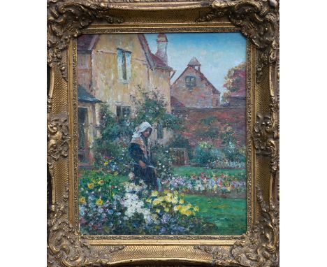 FRENCH SCHOOL (20TH CENTURY) GIRL IN HER GARDEN Indistinctly signedOil on canvas laid to board59.5cm x 49.5cmIn very good con