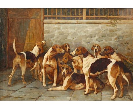 GEORGE WRIGHT (1860-1942) FOXHOUNDS AT REST SignedOil on canvas33cm x 49cmPrivate collection, North of EnglandGeorge Wright's