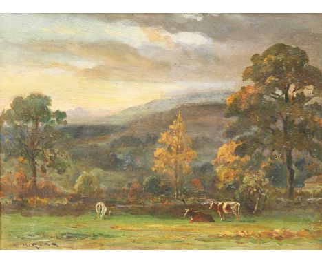 ERNEST HIGGINS RIGG (STAITHES GROUP 1868-1947) CATTLE IN A FIELD SignedOil on board 29.5cm x 40cmIn very good condition. Woul