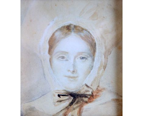 19TH CENTURY ENGLISH SCHOOL PORTRAIT MINIATURE OF A LADY watercolour 9cm x 8cmPossible scratch to bridge of nose. Crease to p