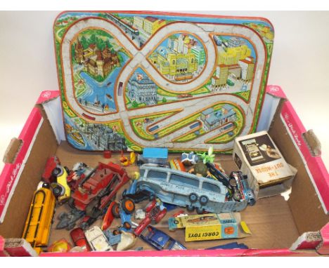 A TRAY OF VINTAGE PLAY-WORN DINKY, MATCHBOX AND LESNEY CARS, WEST GERMAN TYPE FRICTION CARS AND TRACK ETC