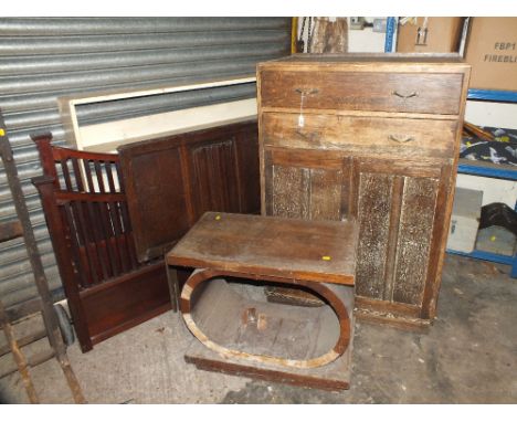 A QUANTITY OF VINTAGE FURNITURE TO INCLUDE SET OF SHELVES, UNUSUAL STAND ETC