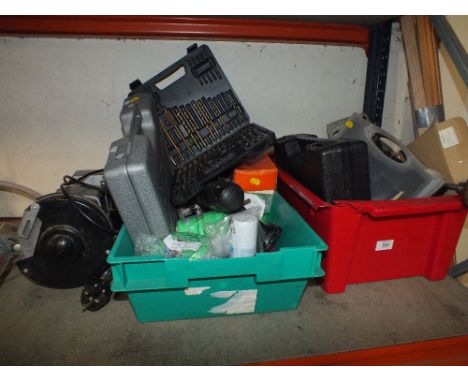 TWO BOXES OF TOOLS TO INCLUDE BENCH GRINDER, SOLDERING GUN, TOOL BITS ETC
