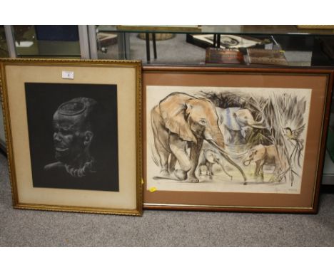 A FRAMED AND GLAZED LITHO PRINT OF ELEPHANTS SIGNED MAURICE FIEVET TOGETHER WITH A ZIMBABWIAN NAIVE PASTEL PORTRAIT STUDY BY 