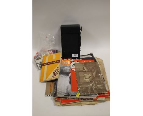 A VINTAGE BOX CAMERA TOGETHER WITH A QUANTITY OF COLLECTABLE MAGAZINES, MATCH BOOKS ETC