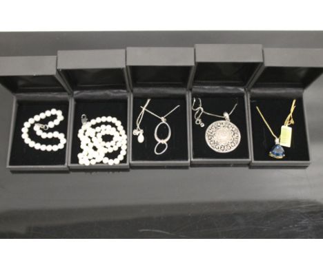FOUR BOXED SILVER NECKLACES TOGETHER WITH A CULTURED PEARL EXAMPLE