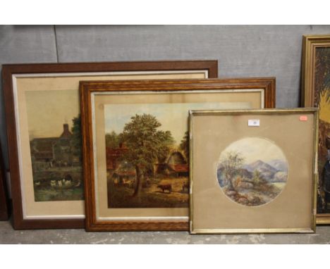 A FRAMED AND GLAZED WATERCOLOUR OF A MAN FISHING FROM A BRIDGE TOGETHER WITH TWO VINTAGE PRINTS OF RURAL SCENES