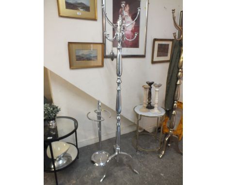 A CHROMED HAT/COAT STAND AND STICK STAND (2)