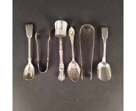 Mixed silver items including two pairs of tongs (one repaired), caddy and preserve spoons