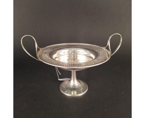 A silver twin handled tazza on pedestal base with pierced design, hallmarked London 1907, makers mark Mappin &amp; Webb, appr