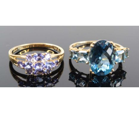 A modern 9ct gold tanzanite and diamond point set dress ring, size T; together with a 9ct gold blue zircon dress ring, sponso