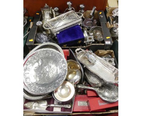 Two boxes of miscellaneous metalware, to include three-sconce table candelabra, candlesticks, teapot and cover, pen tray, han