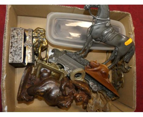 A collection of miscellaneous items to include cast metal door stops, various scale weights, brass door knocker etc.