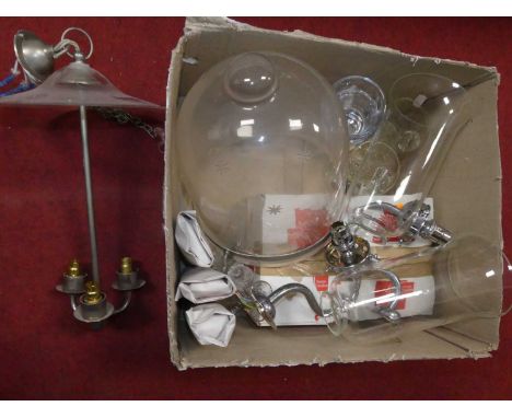 A collection of lighting, to include a three-branch ceiling light, pair of wall lights, and various drinking glasses 