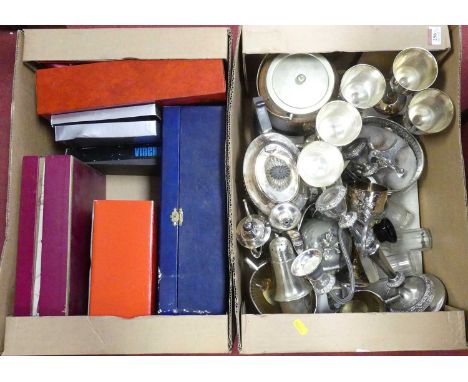 Two boxes of miscellaneous items, to include silver plated goblets, oak and silver plated biscuit barrel and cover, table can
