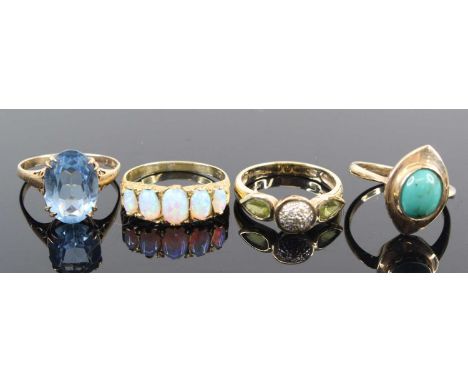 Three various 9ct gold semi-precious set dress rings, to include a turquoise example, 8.4g; together with a silver-gilt and c