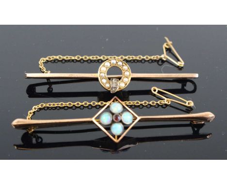 A circa 1900 9ct gold seed pearl and diamond point set bar brooch, with safety chain, 6cm; together with an opal set example 