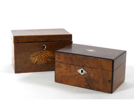 A 19th century mahogany twin compartment tea caddy, having satinwood conch-shell inlay, w.18.5cm; together with a Victorian b