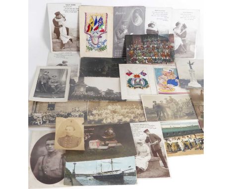 A collection of WWI military postcards to include local views of Elveden memorial, Suffolk's regimental, portrait, historical