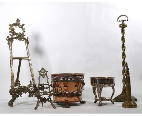 A collection of metalware, to include a brass Rococo style easel, h.54cm; another smaller; a pierced copper jardiniere, and a
