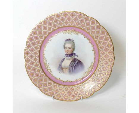 A Sevres 'Chateau des Tuileries' porcelain cabinet plate depicting 'Madame de Chatelet' hand-painted portrait to centre surro