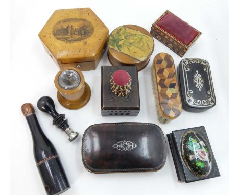 A collection of miscellaneous items to include a Victorian Tunbridge ware decorated pin cushion, Victorian mauchlin boxwood b