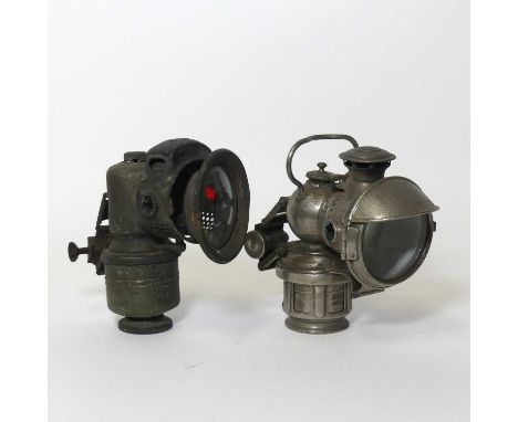 An early 20th century Lucas carbide motorcycle lamp, the mounting bracket marked Jos. Lucas Ltd Patented Birmingham, dated to
