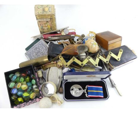 A collection of miscellaneous items to include brass pocket cigarette case, mauchlin playing card box, sliding rule, Festival