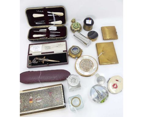 A collection of miscellaneous items to include a pair of chatelain scissors in the form of a dagger, leather spectacle case, 