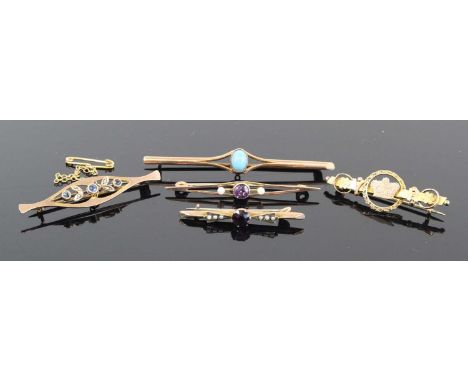 Five various vintage 9ct gold bar brooches, to include amethyst, turquoise and sapphire set examples, all with steel pins, gr