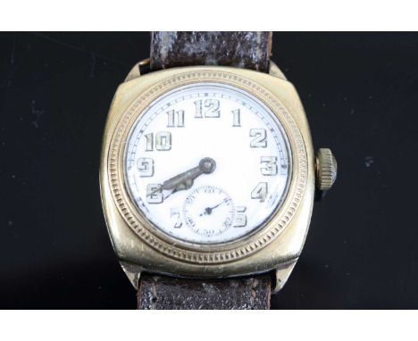 A circa 1940s gent's 9ct gold cased manual wind wristwatch, having unsigned white enamel dial with luminous Arabic numerals, 