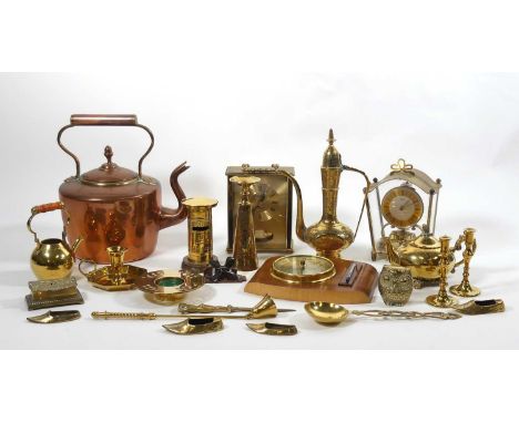A collection of metalware to include a Victorian copper range kettle, and a brass chamber stick