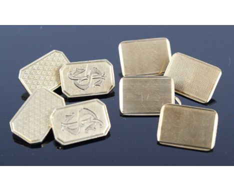 A pair of gent's 9ct gold engine turned cufflinks; together with another similar pair, 15.3g (2)