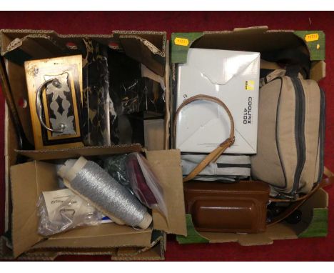 A collection of items, to include an Art Deco marble desk stand, painted metal cash tin, cast iron doorstop and vintage camer