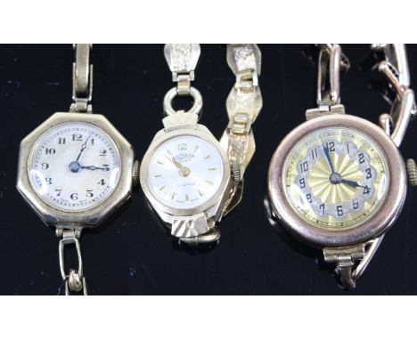 A lady's Art Deco 9ct gold cased manual wind wristwatch, on 9ct gold expanding link bracelet; together with two others being 