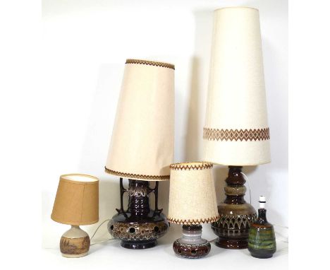 A 20th century West German pottery table lamp and shade, h.124cm; together with four other smaller examplesCeramics and wirin