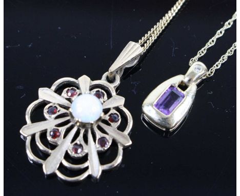 A modern 9ct gold and amethyst diamond point set pendant, on finelink neck chain; together with a 9ct gold opal and garnet se
