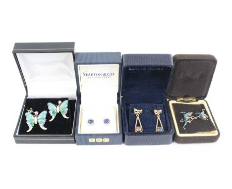 Assorted ear studs, to include a pair of silver-gilt and black opal examples, pair of enamel butterfly examples, pair of liza