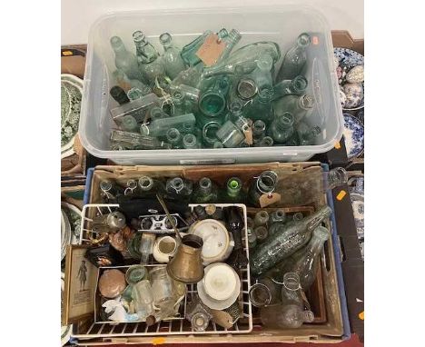 A collection of vintage glass bottles, to include Kingman &amp; Co, Liverpool Mineral Water Co, and Vino's Lightening Cough C